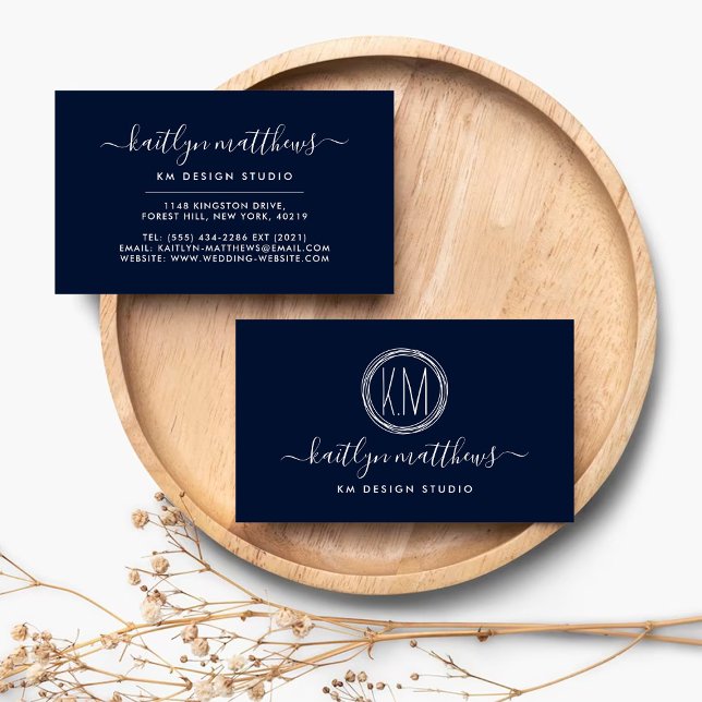 Abstract Navy Blue & White Circles Monongram Business Card (Creator Uploaded)