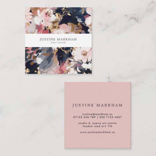Abstract Navy & Blush Painted Floral Square Business Card (Front/Back)