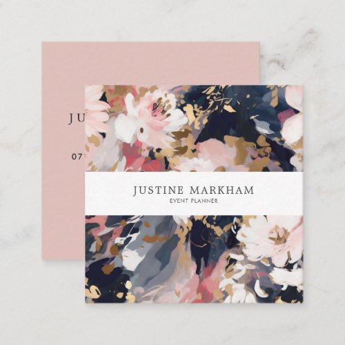 Abstract Navy  Blush Painted Floral Square Square Business Card