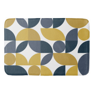 Abstract Navy Mustard Geometric Pattern Bath Mat