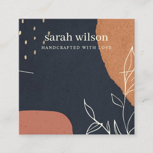 Abstract Navy Orange Leafy Necklace Band Template Square Business Card