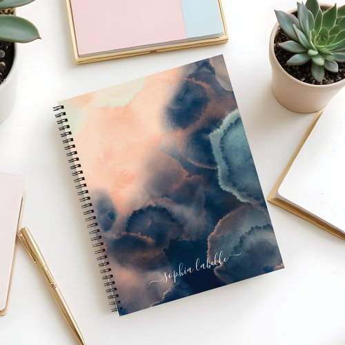 Abstract Navy Pink  Mint Watercolor Agate Name Notebook