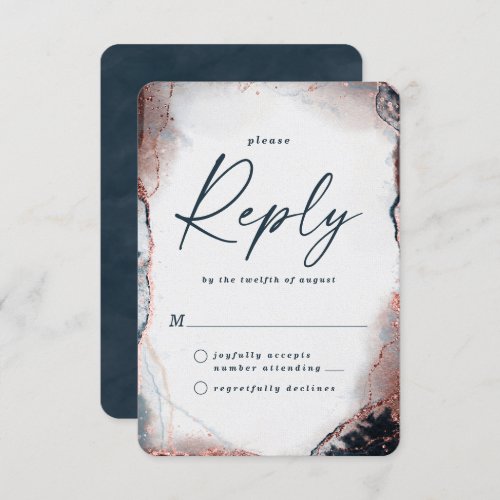 Abstract Navy  Rose Gold Wedding RSVP Reply Card