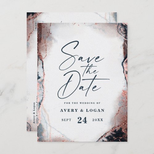 Abstract Navy  Rose Gold Wedding Save The Date Announcement Postcard