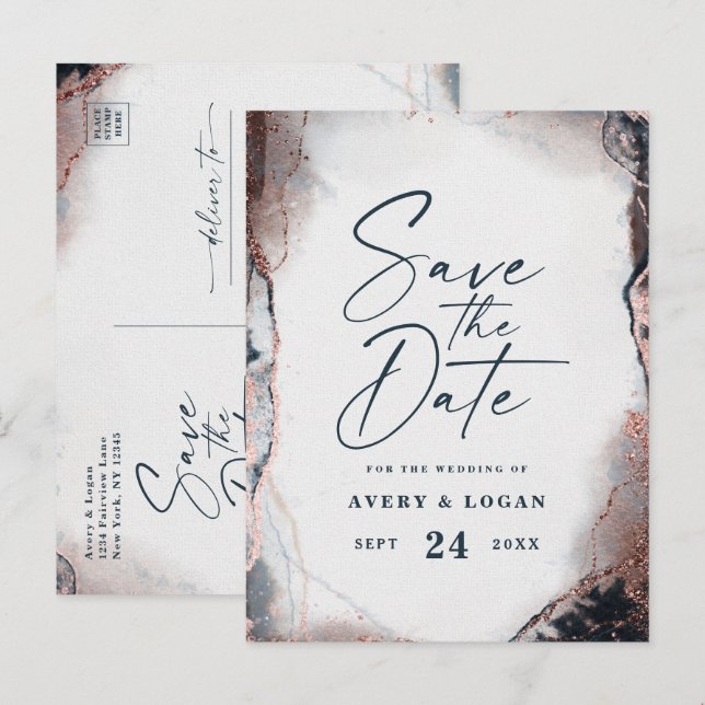 Abstract Navy & Rose Gold Wedding Save The Date Announcement Postcard (Front/Back)