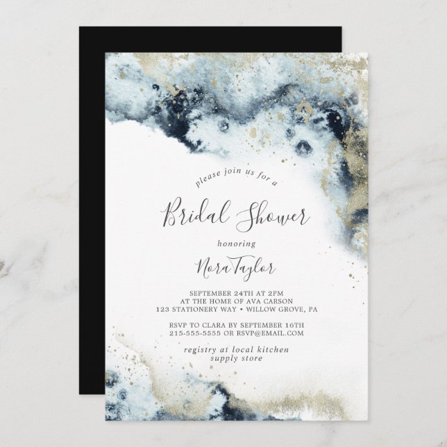 Abstract Navy Watercolor Bridal Shower Invitation (Front/Back)