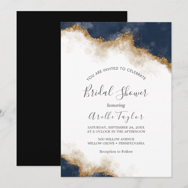 Abstract Navy Watercolor Bridal Shower Invitation (Front/Back)