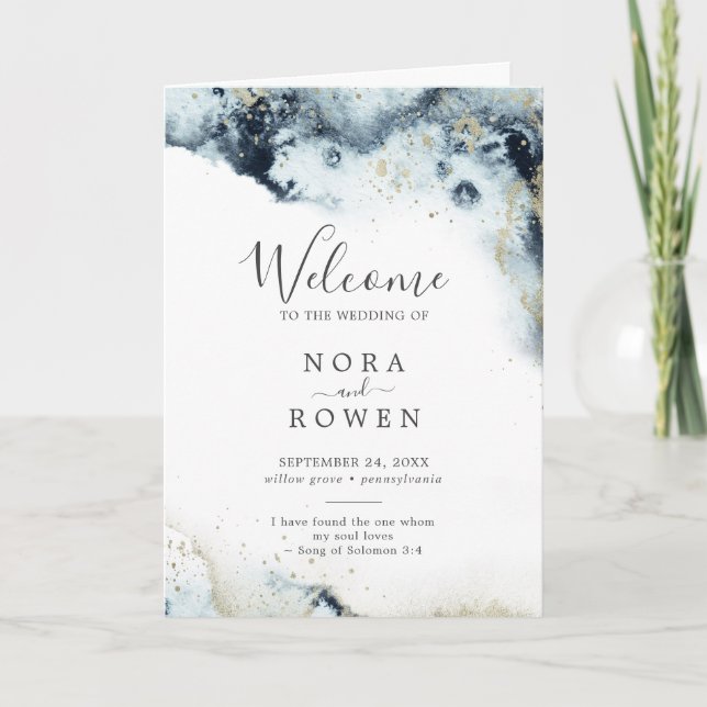 Abstract Navy Watercolor Folded Wedding Program (Front)