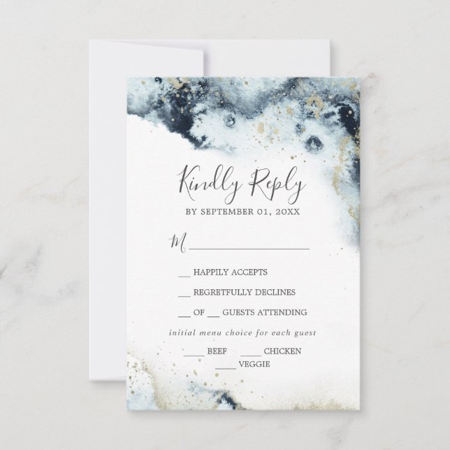 Abstract Navy Watercolor Menu Choice RSVP Card (Front)