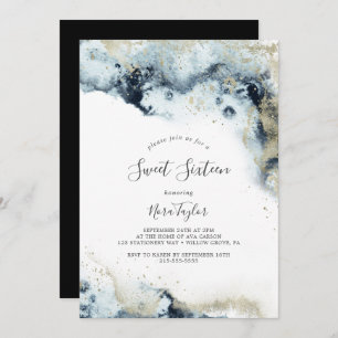 Abstract Navy Watercolor Sweet Sixteen Birthday Invitation