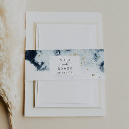 Abstract Navy Watercolor Wedding Invitation Belly Band