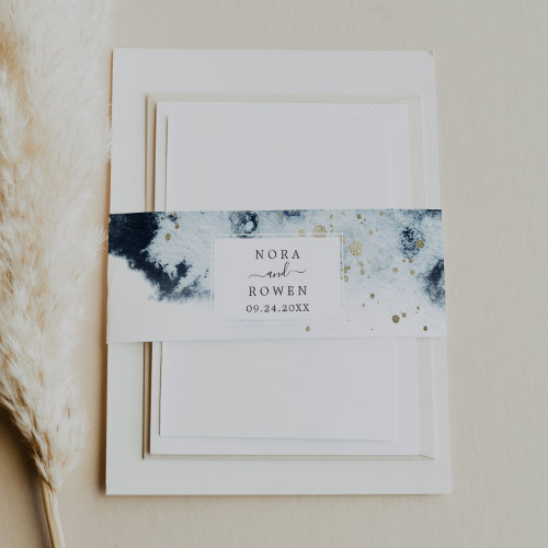 Abstract Navy Watercolor Wedding Invitation Belly Band