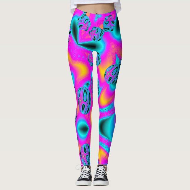 Abstract Neon Background with Glowing Pattern Leggings (Front)