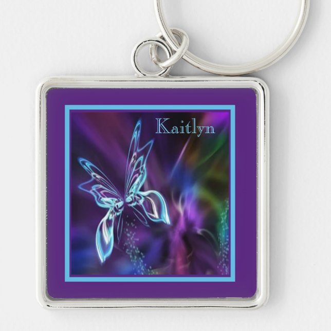 Abstract Neon Blue Purple Butterfly Premium Keychain (Front)