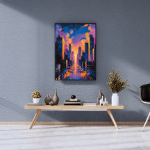 Abstract Neon City Skyline Sunset Glow Digital Art