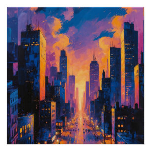 Abstract Neon City Skyline Sunset Glow Digital Art Poster
