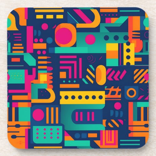 Abstract neon colors and geometric bohemian shapes beverage coaster