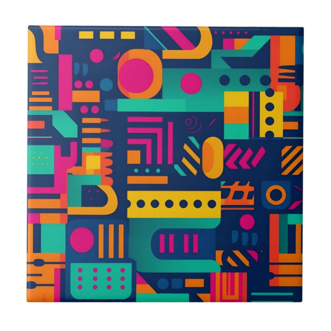 Abstract neon colors and geometric bohemian shapes ceramic tile (Front)