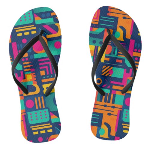 Abstract neon colors and geometric bohemian shapes flip flops