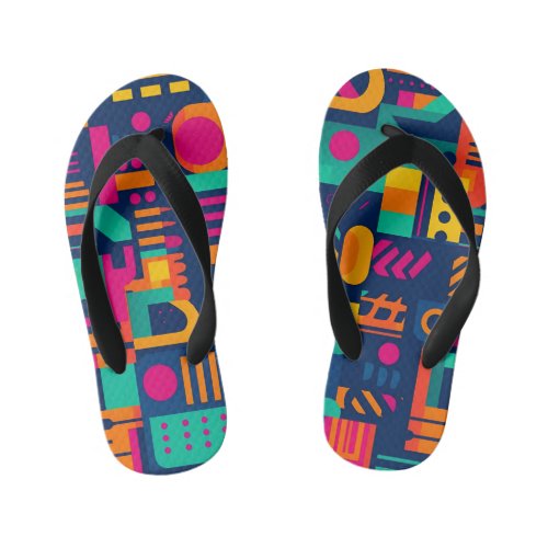 Abstract neon colors and geometric bohemian shapes kids flip flops