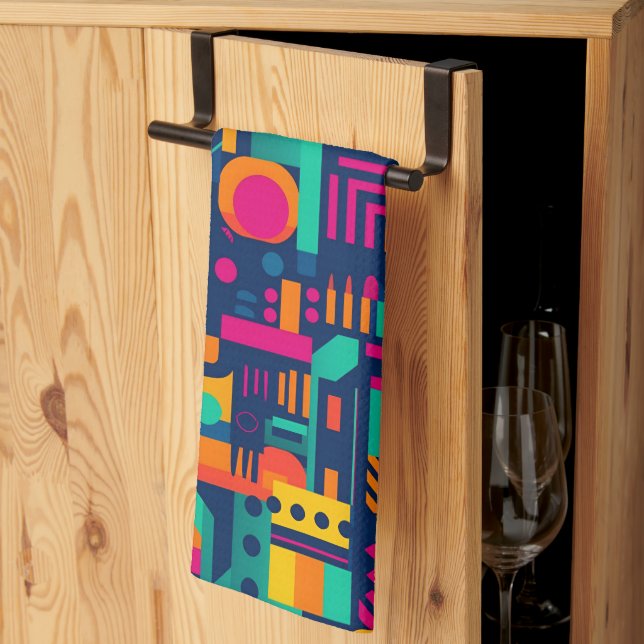 Abstract neon colors and geometric bohemian shapes kitchen towel (Thirds Fold)