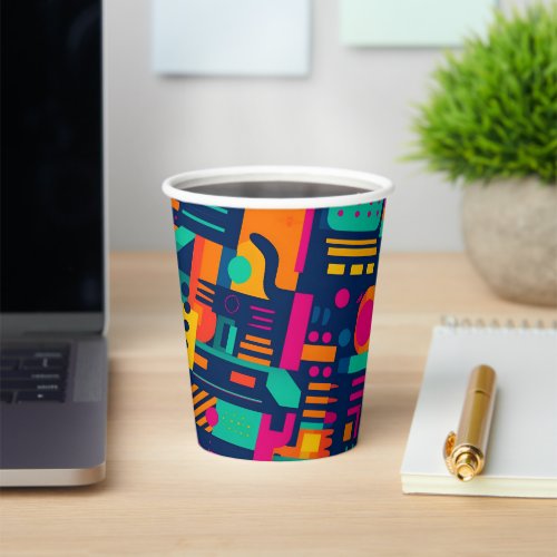 Abstract neon colors and geometric bohemian shapes paper cups