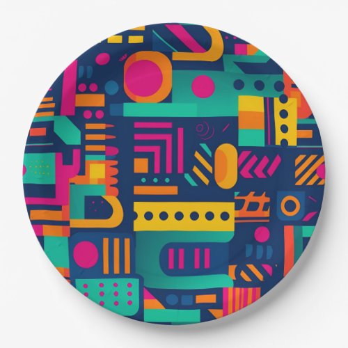 Abstract neon colors and geometric bohemian shapes paper plates