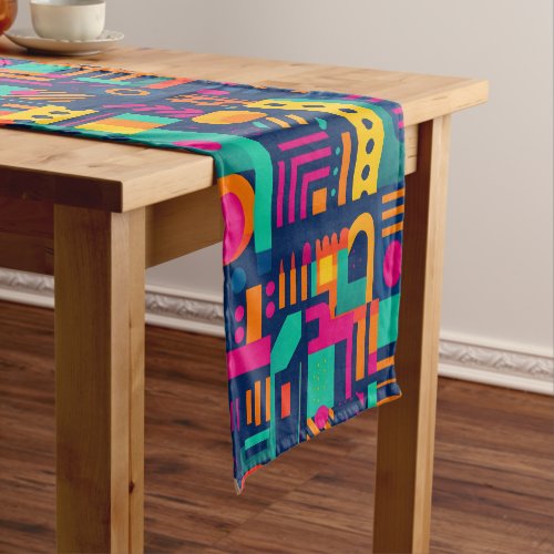 Abstract neon colors and geometric bohemian shapes short table runner