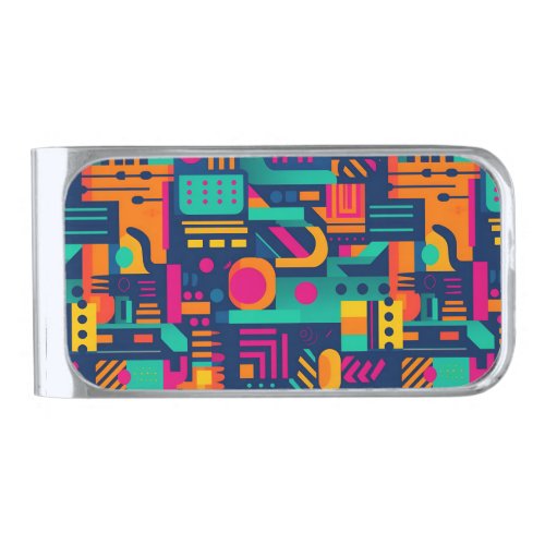 Abstract neon colors and geometric bohemian shapes silver finish money clip