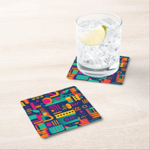 Abstract neon colors and geometric bohemian shapes square paper coaster