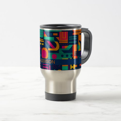 Abstract neon colors and geometric bohemian shapes travel mug