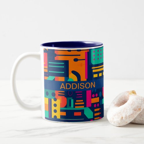 Abstract neon colors and geometric bohemian shapes Two_Tone coffee mug