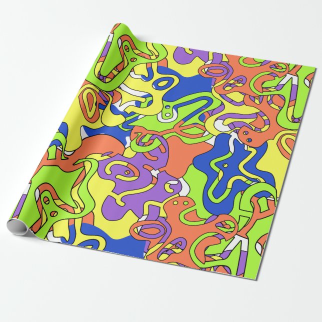 Abstract Neon Doodle Maze Pattern Wrapping Paper (Unrolled)