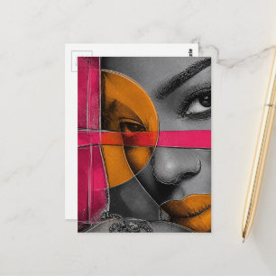 Abstract Neon Face Lady Mixed Media Collage  Postcard