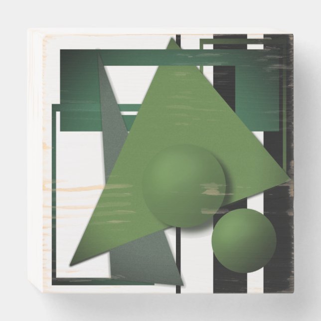Abstract neon green geometric shapes circle sphere wooden box sign (Front Horizontal)
