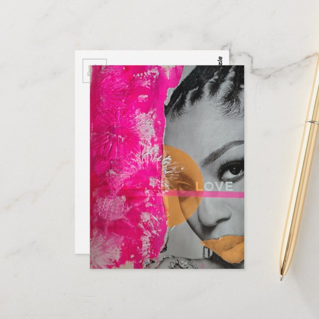 Abstract Neon Love Lady Mixed Media Collage  Postcard (Front/Back In Situ)