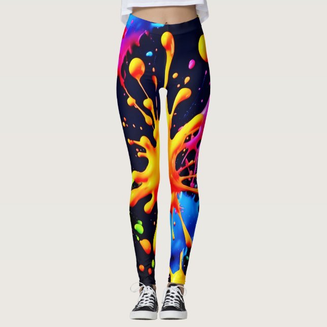 Abstract Neon Paint Splash Artwork Leggings (Front)