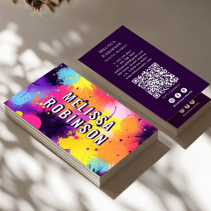 Abstract Neon Paint Splatter Midnight Purple Business Card