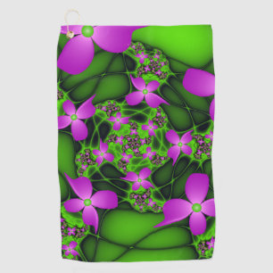 Abstract Neon Pink Green Fractal Art Flowers Golf Towel