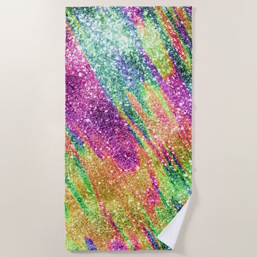Abstract Neon Rainbow Sparkly Glitter Beach Towel