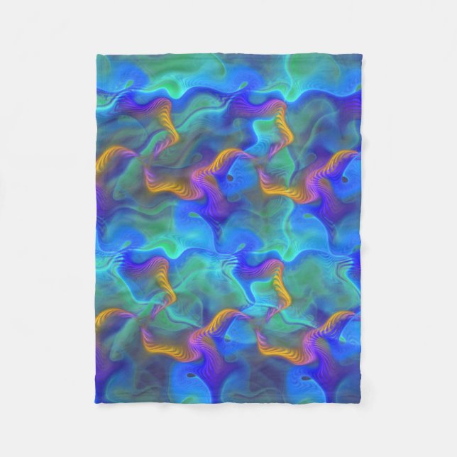 Abstract Neon Teal Blue Purple Fractal Pattern Fleece Blanket (Front)