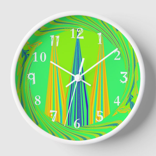 Abstract neon yellow and green geometrical design clock (Front)