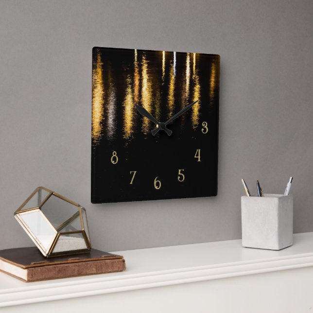 Abstract night light sea shiny gold black w number square wall clock (Office)