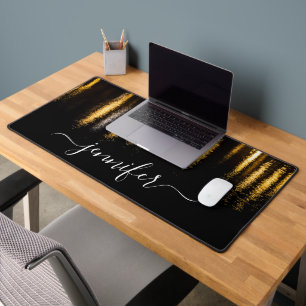 Abstract night lights sea gold black Custom Name Desk Mat