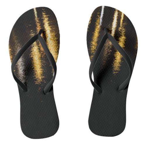 Abstract night lights sea shiny gold black flip flops