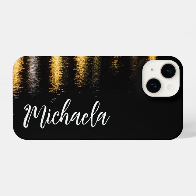 Abstract night lights sea shiny gold black Name iPhone Case (Back Horizontal)