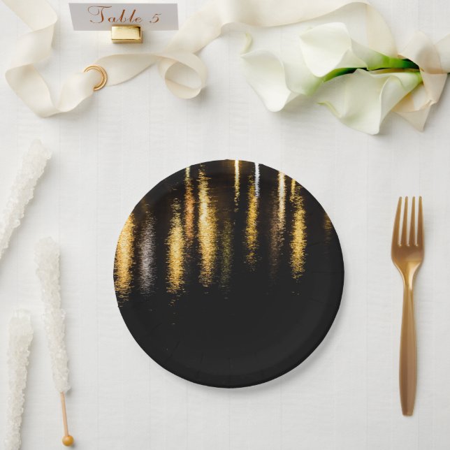 Abstract night lights sea shiny gold black paper plates (Wedding)
