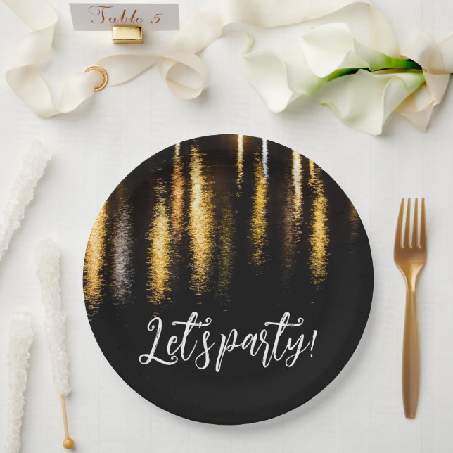 Abstract night lights sea shiny gold black Party Paper Plates (Wedding)