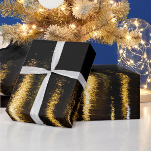 Abstract night lights sea shiny gold black wrapping paper