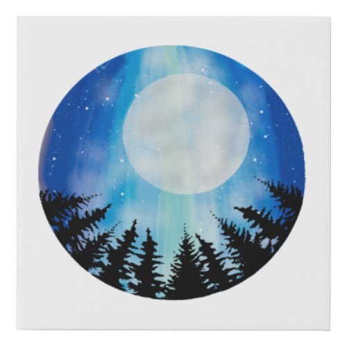 Abstract Night Sky Wood Full Moon digital Painting Faux Canvas Print